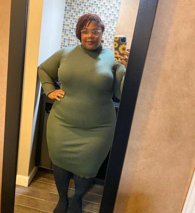 reviewer mirror selfie in the olive green dress