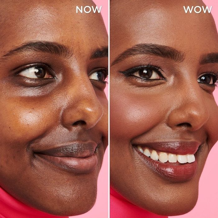 A model showcasing their skin before and after applying the spray, highlighting the difference in makeup longevity.
