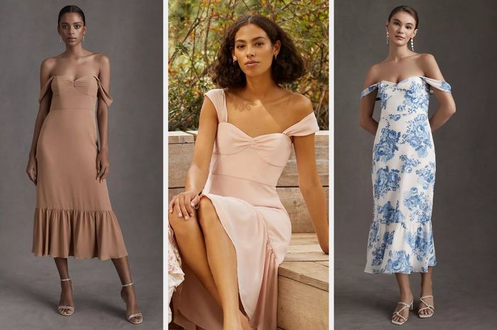 A model dons an off-the-shoulder brown dress with a sweetheart neckline and a ruffled hem, accessorized with silver heels. Another model sits on a wooden bench, wearing a light pink dress with a shoulder strap. A third model showcases a white and blue floral dress paired with white strappy sandals and long earrings.