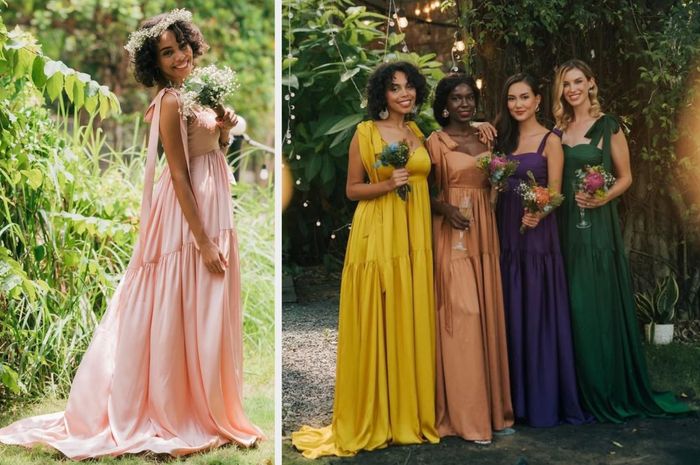 The model showcases the side view of a silk tiered gown with tie-strap sleeves, while four other models display the dress in shades of yellow, peach, purple, and dark green, each featuring a sweetheart neckline.