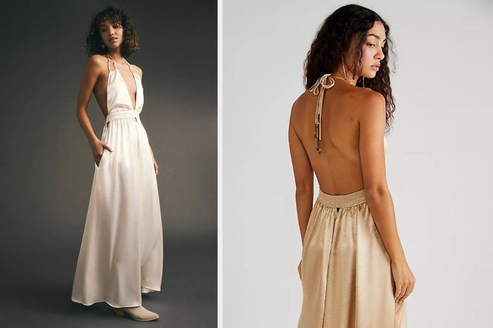 A model wears a white halter maxi dress with a deep V-neckline and a smocked waistline, paired with tan heeled boots, against a black backdrop. Another model showcases the rear view of the product in gold with a backless design and beaded ties, set against a gray background.