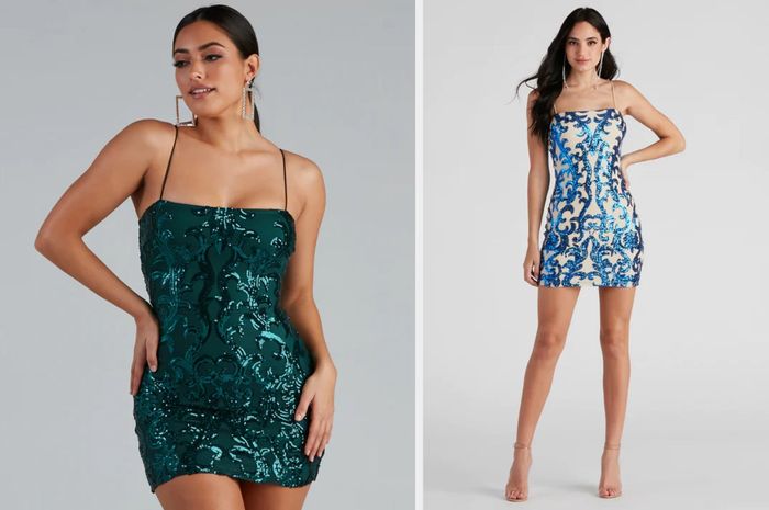 A model stuns in a mini sleeveless dress in emerald green with sequins and gold square hoop earrings, posing against a gray backdrop. Another model showcases the product in white and blue, paired with nude open-toed heels, set against the same gray background.