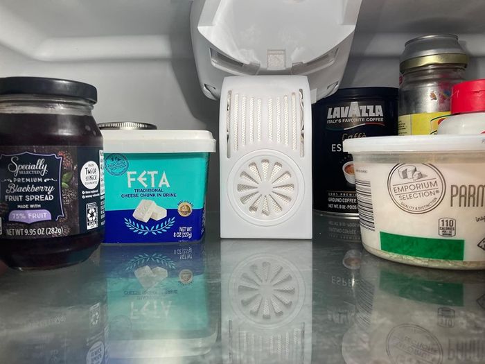 Inside a refrigerator, various food items like blackberry jam, feta cheese, and condiments are neatly organized