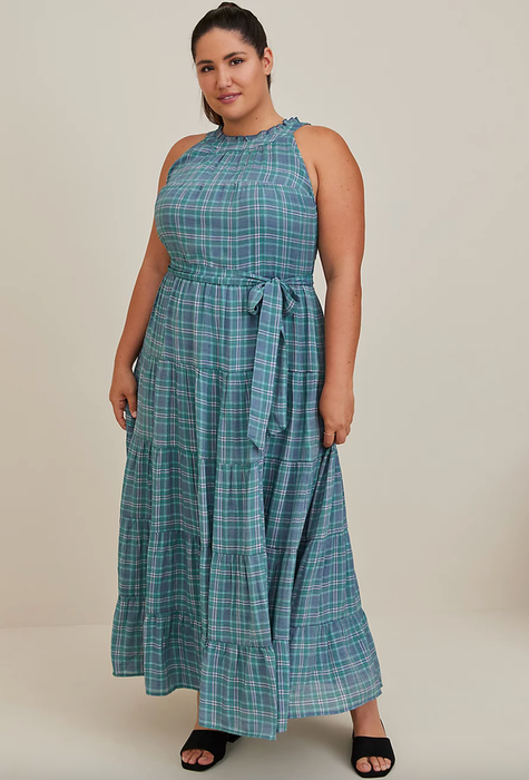 model wearing a blue plaid maxi dress