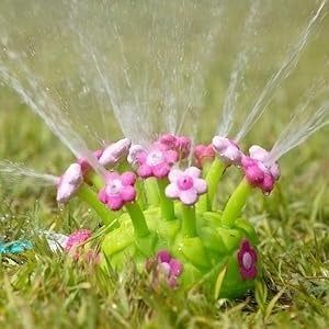 Water splashing from a flower-shaped sprinkler in the yard, creating a fun, refreshing experience.