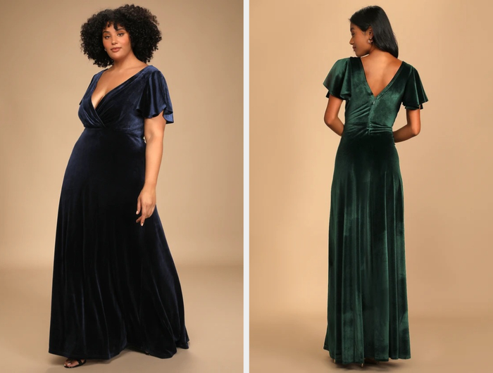 Two images of models showcasing dresses in navy and green.