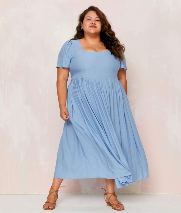 model wearing the blue nap dress
