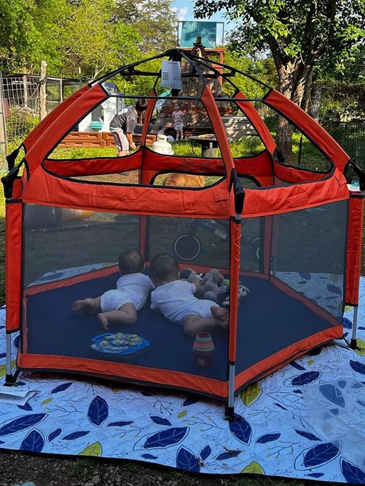 Two little ones enjoy playing inside a cozy tent.