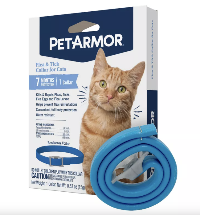 The PetArmor flea and tick collar for cats offers 7-month protection. It includes a list of active ingredients and safety warnings, along with a coiled blue design.