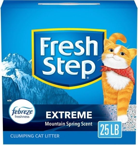 Fresh Step Extreme Clumping Cat Litter, Mountain Spring Scent, 25 lbs, infused with Febreze freshness, featuring an illustration of an orange cat wearing a red scarf