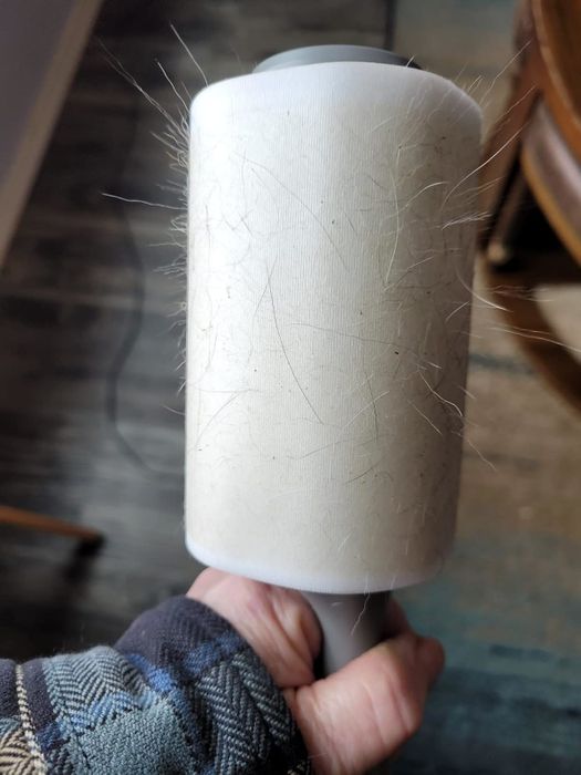 A lint roller, covered in pet hair, held by a hand with a plaid sleeve.