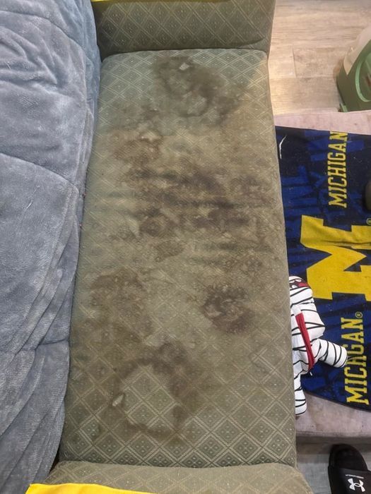 A worn and stained couch cushion with visible dirt spots, and a Michigan-themed blanket partially showing nearby