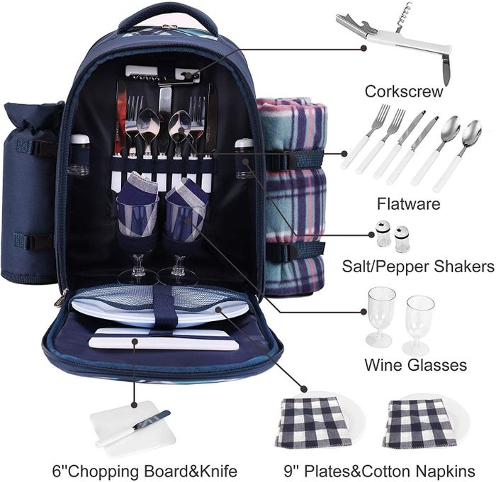 the open backpack with compartments for various picnic essentials