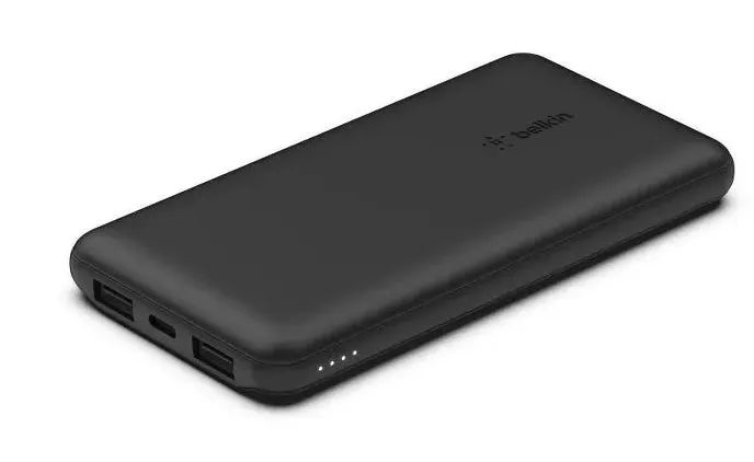 A black portable power bank featuring two USB ports, displayed on a white background