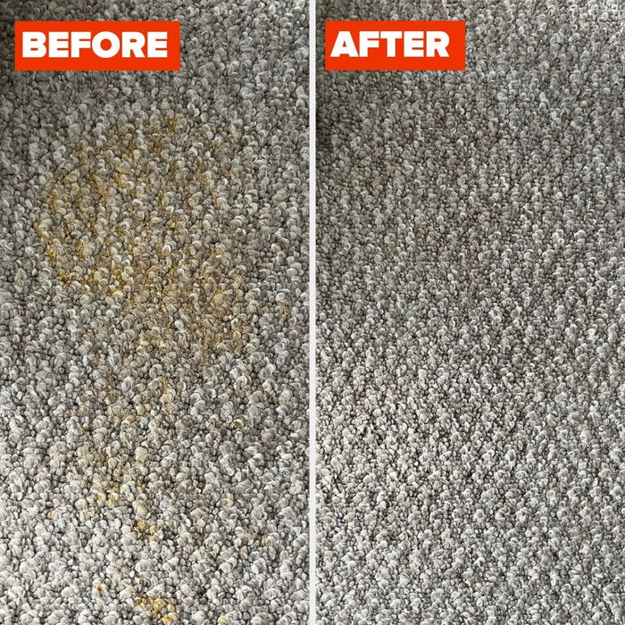 A before-and-after photo of dog vomit on a carpet, showing the stain removed after cleaning