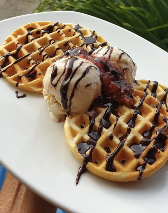 a reviewer's photo of waffles beautifully topped with rich chocolate sauce and a scoop of ice cream