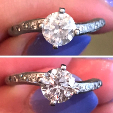 a reviewer's photo showing their engagement ring before and after using the cleaning brush
