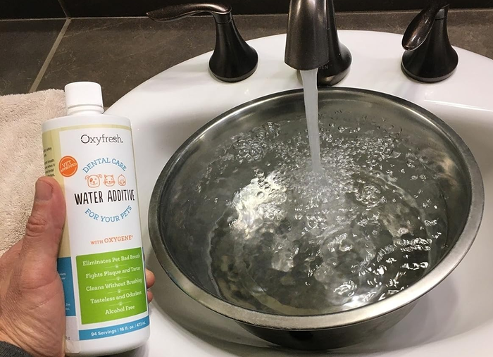 A reviewer holding a bottle of the dental additive while preparing a bowl of water at the sink