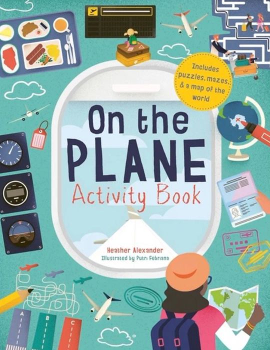 Cover of the 'On the Plane Activity Book,' featuring puzzles, mazes, and colorful illustrations designed to entertain children