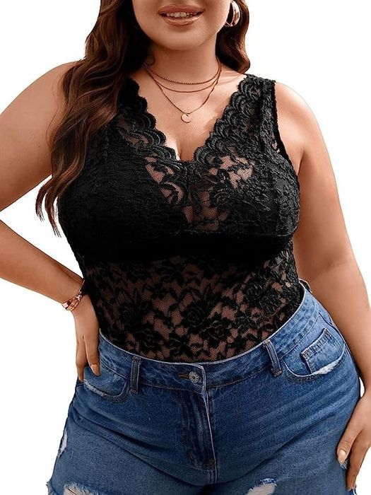 model showcasing a black lace tank top