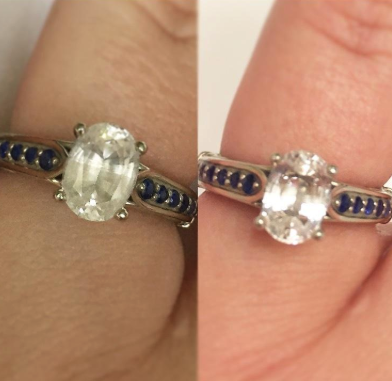 another reviewer's side-by-side comparison of their jewelry before and after using the cleaning pen