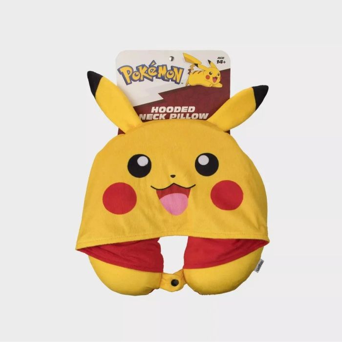 A Pikachu-inspired hooded neck pillow featuring character details, perfect for travel comfort