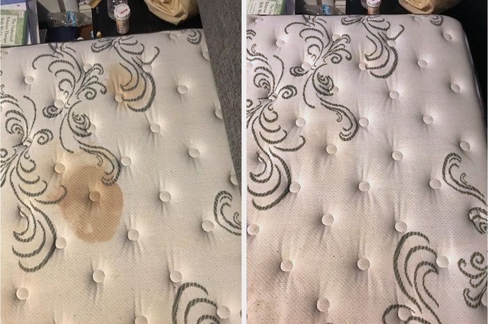 Before-and-after photos of a reviewer’s mattress showing pee stains before cleaning and a spotless surface afterward