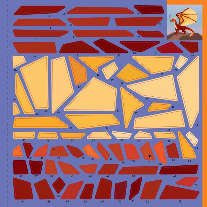 An illustrated dragon with numbered puzzle pieces, likely for building or assembling. The image hints at a DIY activity or game available for purchase