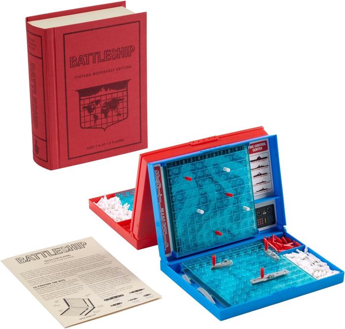Battleship vintage bookshelf edition, presented with a game board in a book-style case