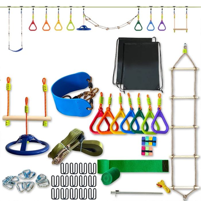 A Ninja course kit with various obstacles and accessories, including rings, ladders, and a swing, perfect for outdoor play and fitness activities