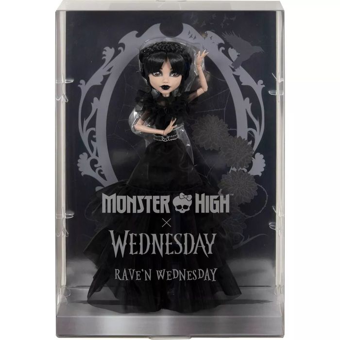 A Monster High x Wednesday Addams doll dressed in a gothic black outfit, inspired by Wednesday’s signature style, labeled as 