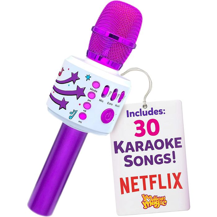 A purple karaoke microphone with control buttons and a tag that reads "Includes: 30 Karaoke Songs! Netflix."