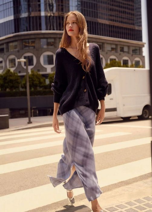 Model wearing the black cardigan