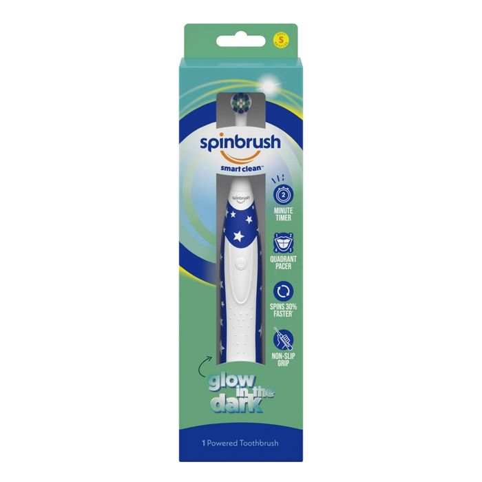 A Spinbrush Smart Clean toothbrush package showcasing glow-in-the-dark features, a minute timer, quadrant pacer, and a non-slip grip
