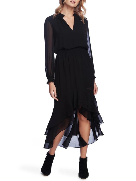 Model wearing the black mockneck dress