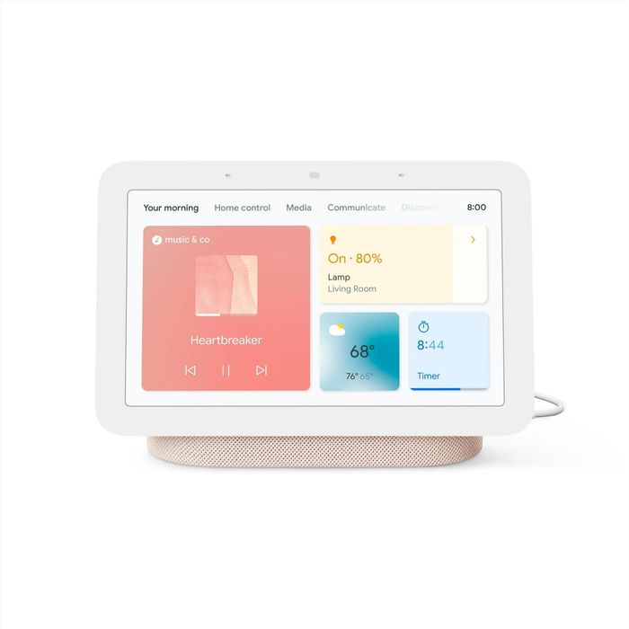 A smart display showcasing music, home controls, weather updates, and the time, featured in a shopping article