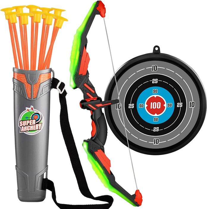 Full archery set including a quiver, arrows, bow, and target