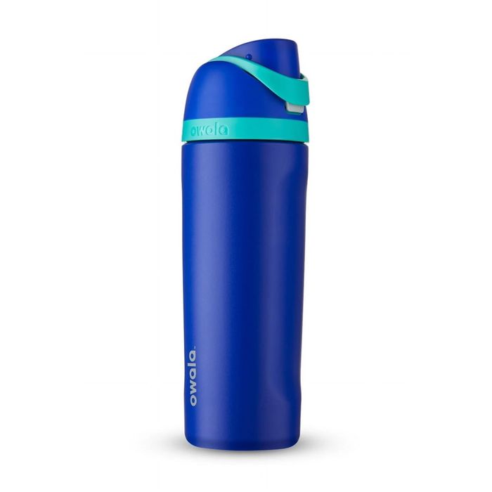 A blue Owala water bottle with a convenient flip-top lid, designed for easy sipping and portability, highlighted in a shopping feature