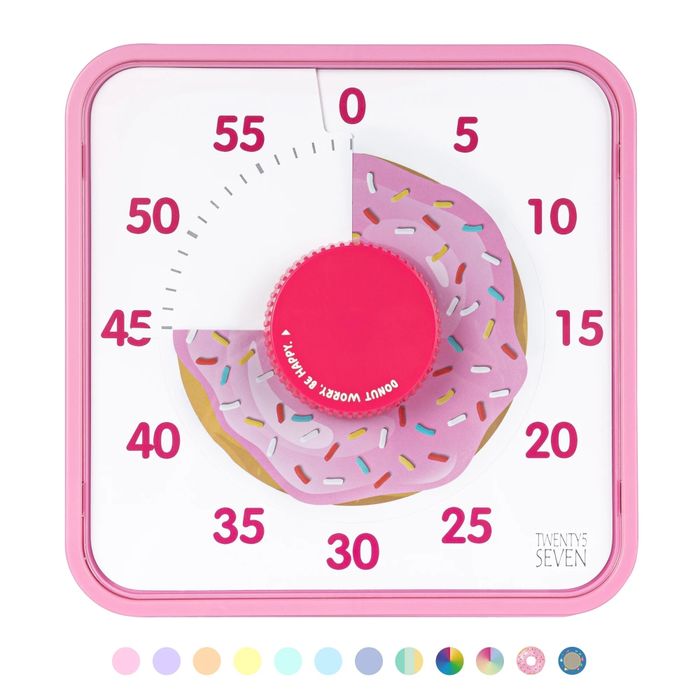 A donut-shaped timer displaying 25 minutes remaining, with a circle of pastel colors below for customization options