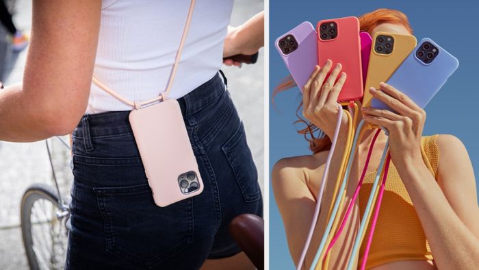 Person holding a phone in a pastel case on a strap across their shoulder. Hands holding five different colored phone cases with straps set against a blue sky.