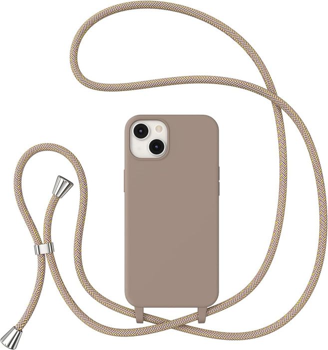 Smartphone case with a neutral beige finish, paired with a braided lanyard for easy wearability.
