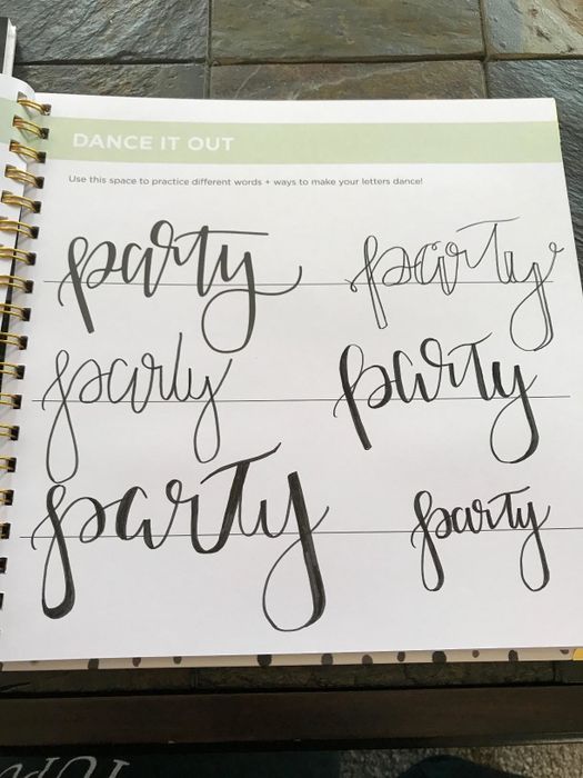 A photo from the reviewer's book showing their creative attempts at writing 'party'