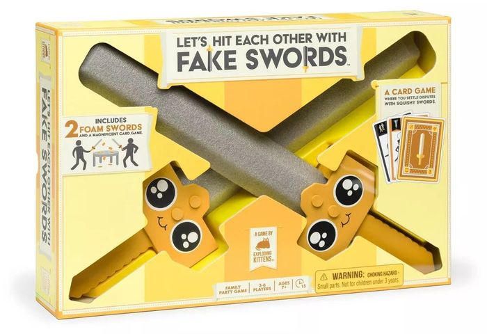 A card game set titled "Let's Hit Each Other With Fake Swords," featuring two foam swords with cartoonish eyes and a variety of game cards, designed for ages 7 and older