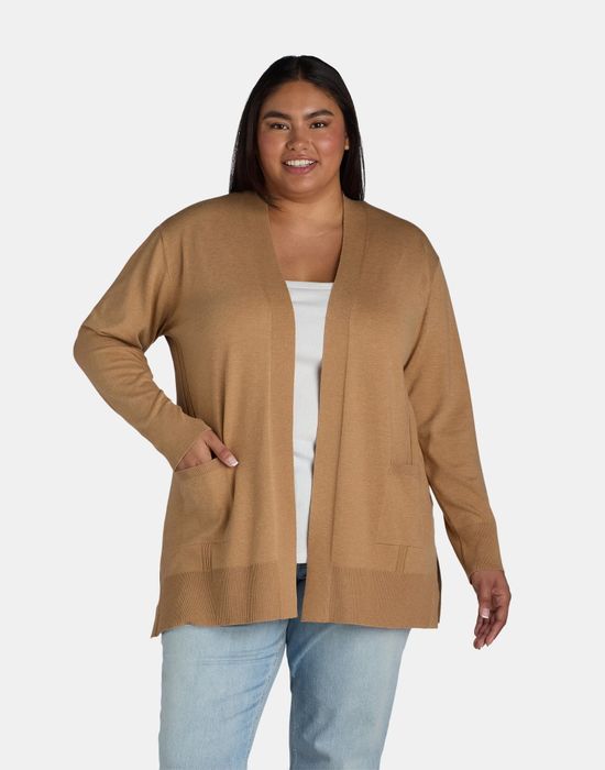 Model wearing the mocha splash cardigan