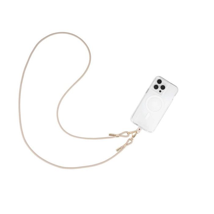 A sleek phone case with a simple design, complete with a long strap for convenient, hands-free carrying.