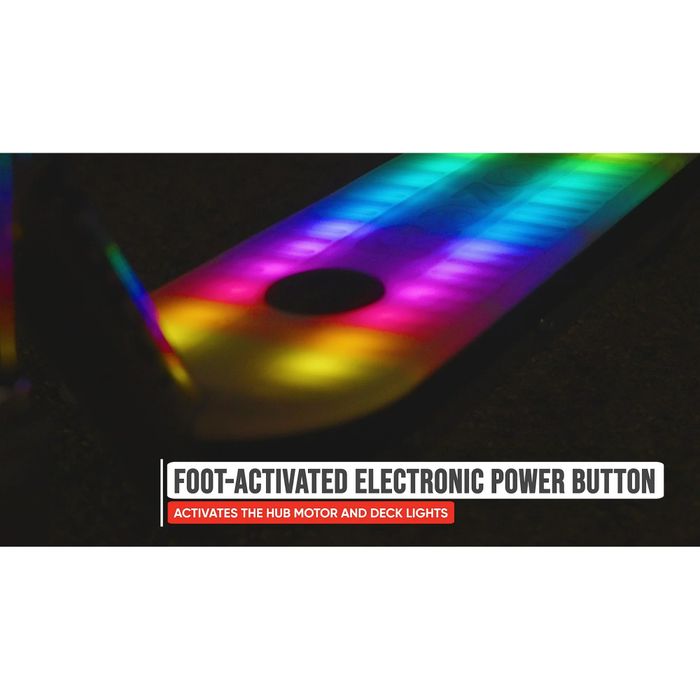 A foot-activated electronic power button featuring vibrant lighting to activate the hub motor and deck lights