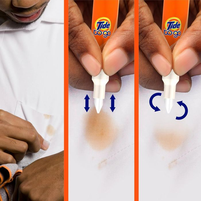 A person demonstrating how to use a Tide To Go pen to eliminate a stain from a white shirt, with clear step-by-step guidance for effective stain removal