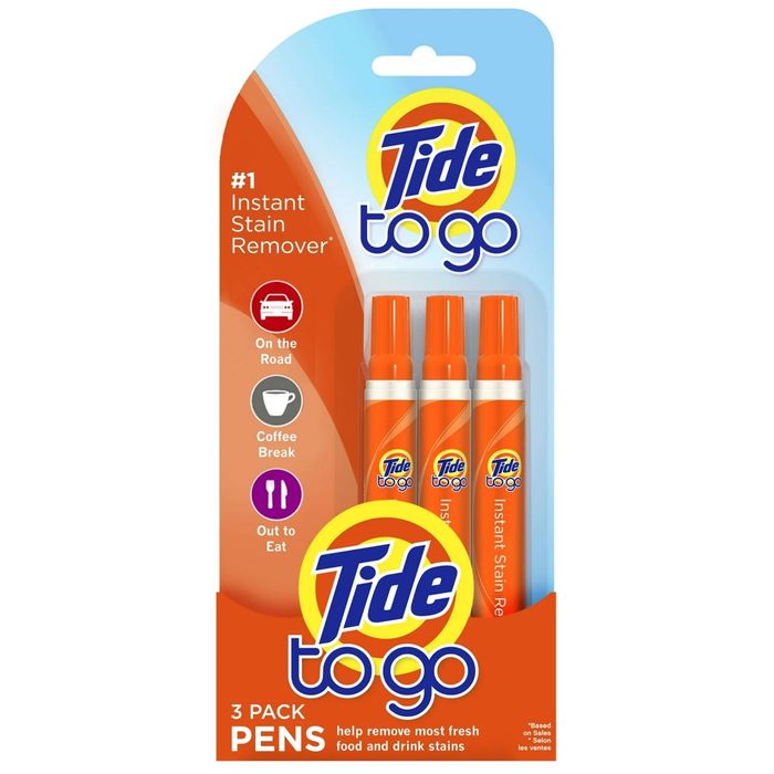A three-pack of Tide to Go Instant Stain Remover pens, perfect for tackling fresh food and drink stains, making them ideal for travel, coffee breaks, and dining out