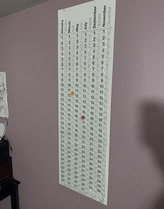 The calendar displayed on a wall, with each day represented by a bubble to pop