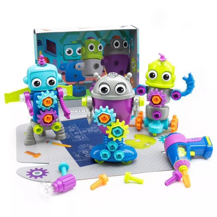 Three vibrant toy robots showcased alongside assorted gears and tools, highlighted in a shopping feature